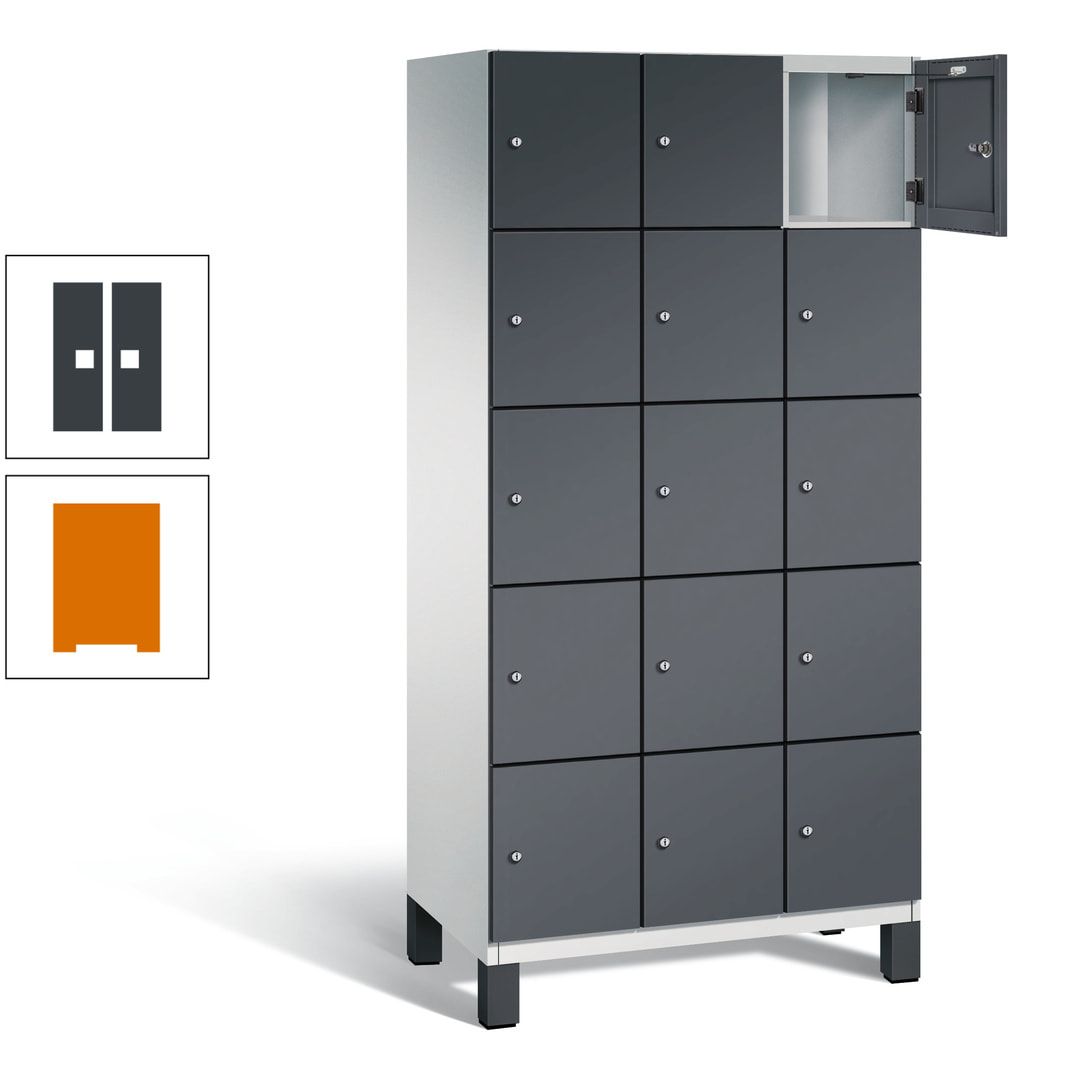 Fächerschrank, Stahlschrank, 15 Fächer, Türöffnungsbegrenzer, Füße, 1.980 x 900 x 525 mm (HxBxT), Korpus anthrazitgrau, Front anthrazitgrau