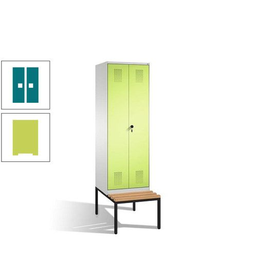 Doppel-Spind, Garderobenschrank, Buche Sitzbank untergebaut, 2 Abteile a 300 mm, Korpus anthrazitgrau, Tür anthrazitgrau, 2.090 x 600 x 815 mm (HxBxT)