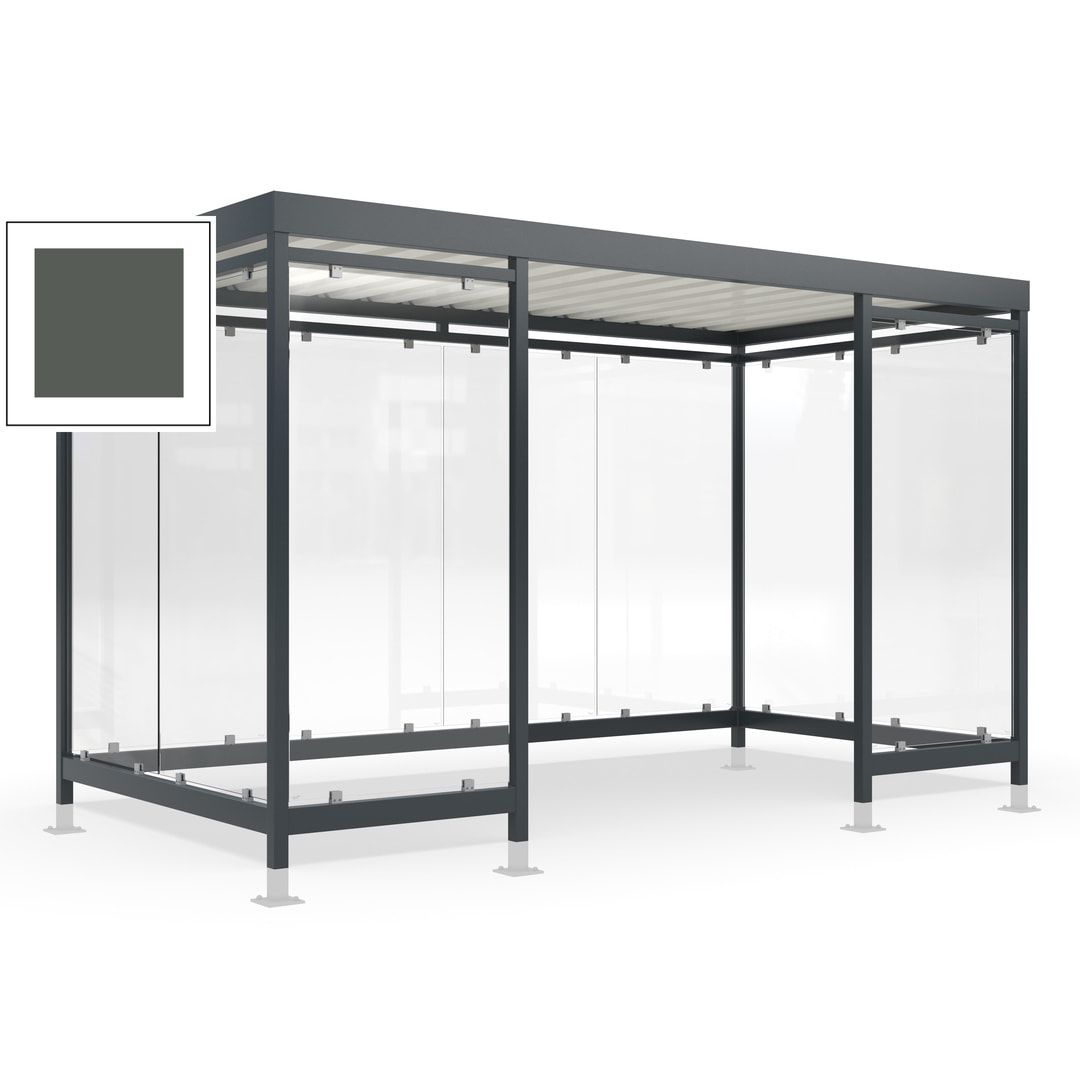 Raucherunterstand für 12-13 Personen, Bushaltestelle, mit Überpflasterung, 2.440 x 4.195 x 2.165 mm (HxBxT), 10 Wände, Achatgrau
