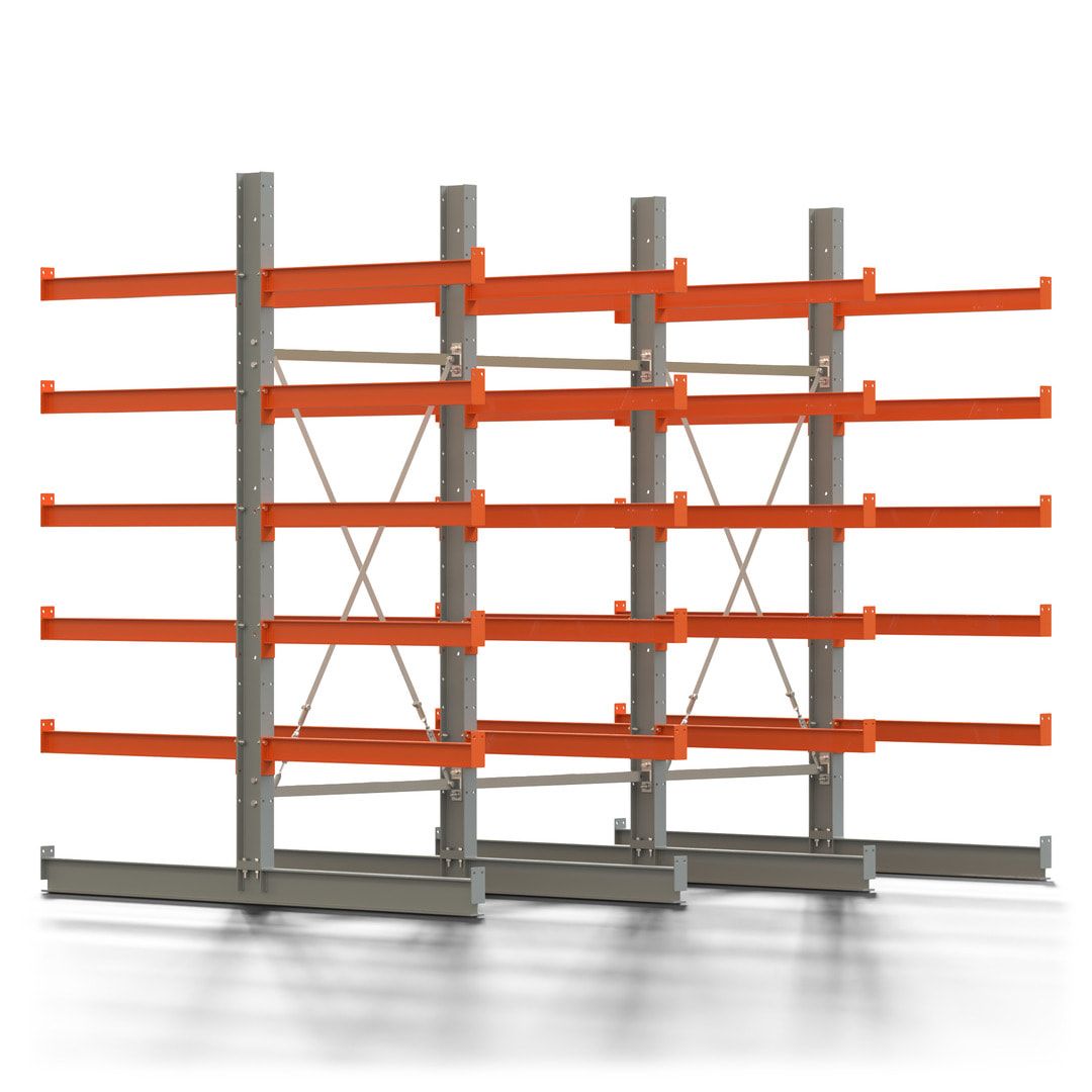 Doppelseitiges Kragarmregal, 2 Felder, 2.500 x 2.000 x 1.120 mm (HxBxT), Nutztiefe 500 mm, Kragarmlast 870 kg, KARL basic, silbergrau/reinorange