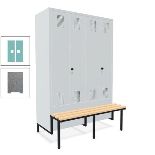 Doppel-Spind, Garderobenschrank, Buche Sitzbank integriert, 4 Abteile 300 mm, Korpus anthrazitgrau, Tür anthrazitgrau, 1.850 x 1.200 x 815 mm (HxBxT)