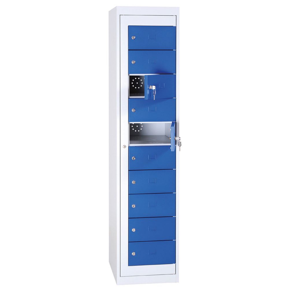Verteilerschrank, Ausgabeschrank, Fächerschrank, Zentraltür, 1 Abteil, 10 Fächer, 1.800 x 400 x 500 mm (HxBxT), Korpus lichtgrau, Front enzianblau