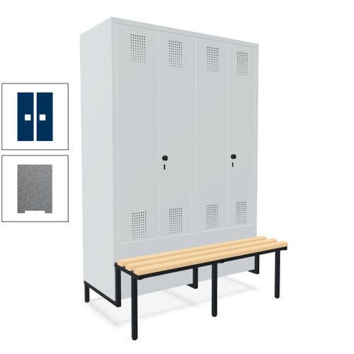 Doppel-Spind, Garderobenschrank, Buche Sitzbank integriert, 4 Abteile 300 mm, Korpus anthrazitgrau, Tür anthrazitgrau, 1.850 x 1.200 x 815 mm (HxBxT)
