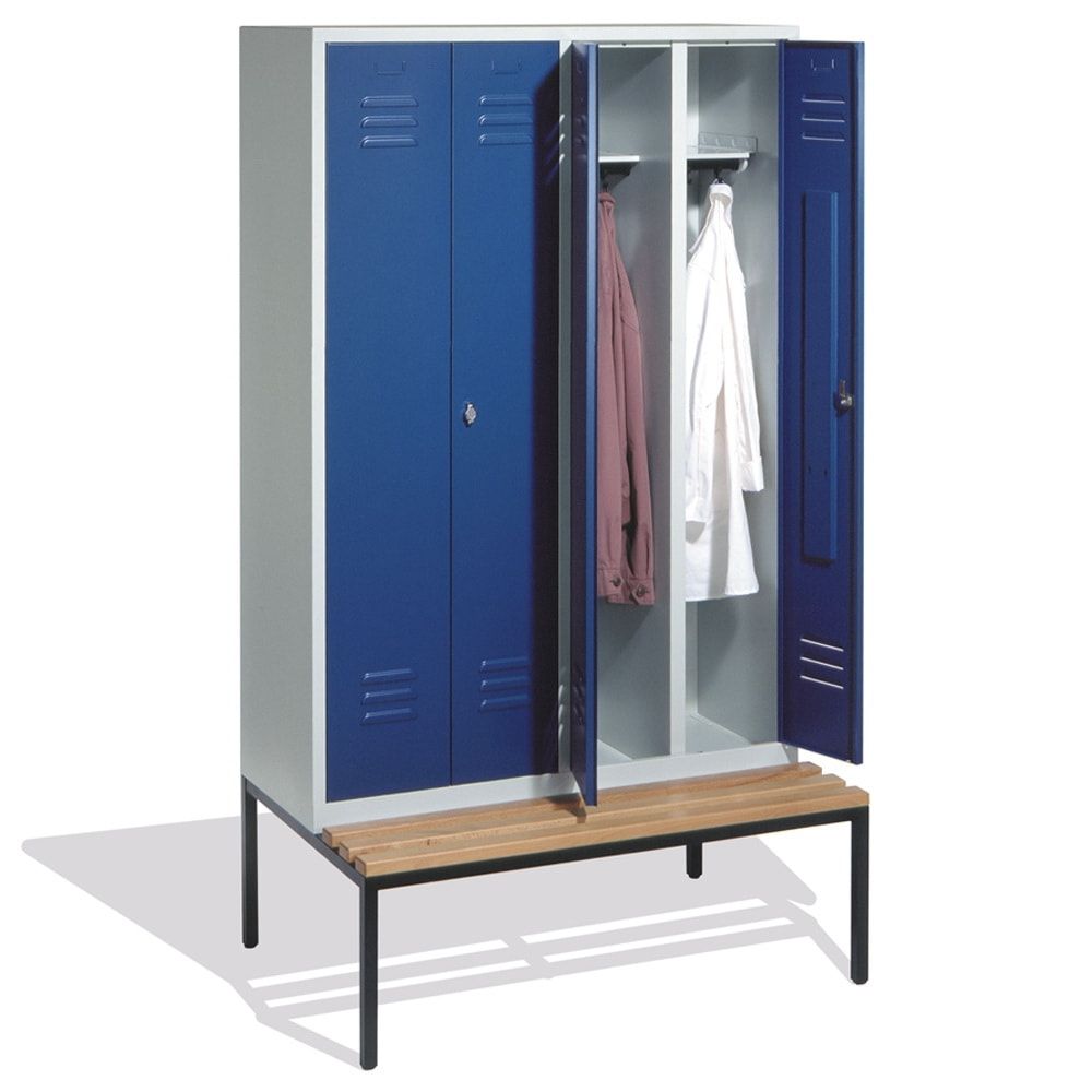 Doppel-Spindschrank, Buche Sitzbank untergebaut, 4 Abteile a 300 mm, Korpus lichtgrau, Tür anthrazitgrau, 2.090 x 1.190 x 815 mm (HxBxT)