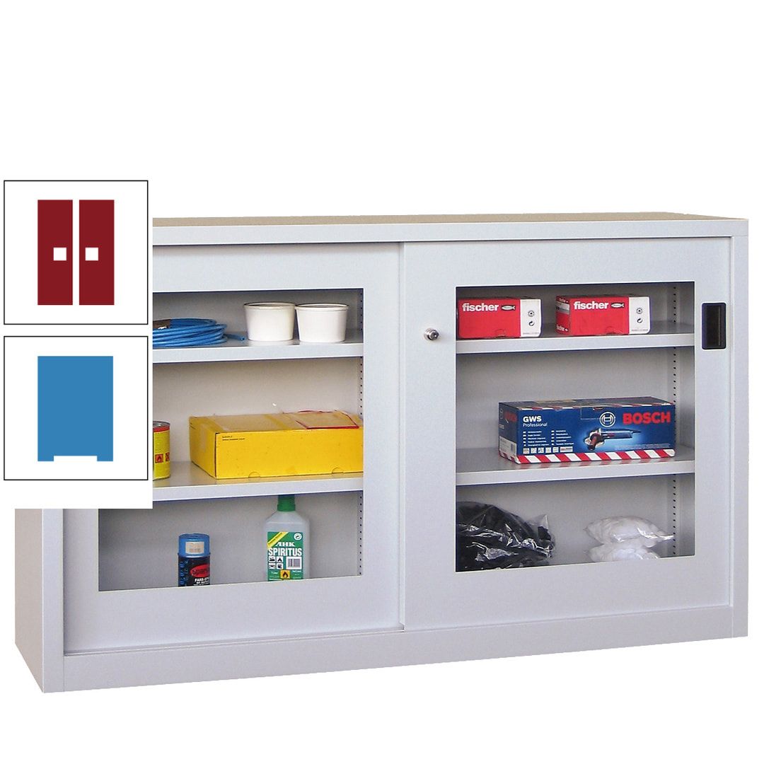 Schiebetürenschrank - Sichtfenstertüren - 1.000x1.500x600 mm (HxBxT) - 4 Böden, verzinkt - Zylinderschloss - anthrazitgrau