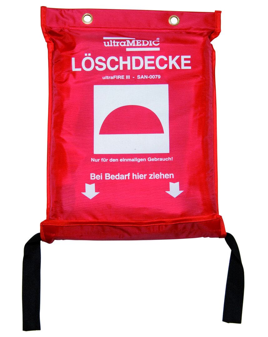 ultraMEDIC Feuerlöschdecke, aus Glasgewebe, DIN EN 1869, 1.800 x 1.200 mm (BxL), im Beutel, mit Ausziehbändern, Fettbrand, Entstehungsbrand