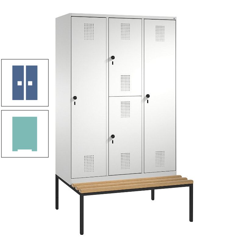 Garderobenschrank, Spind ein- und doppelstöckig Sitzbank, 3 Abteile, 4 Fächer, 2.090x1.200x500 mm (HxBxT), Front anthrazitgrau, Korpus anthrazitgrau