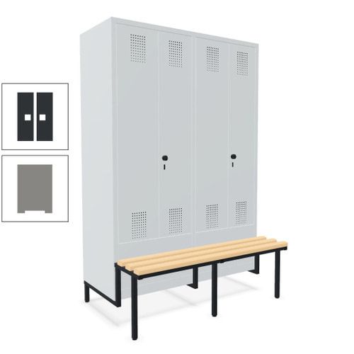 Doppel-Spind, Garderobenschrank, Buche Sitzbank integriert, 4 Abteile 300 mm, Korpus anthrazitgrau, Tür anthrazitgrau, 1.850 x 1.200 x 815 mm (HxBxT)