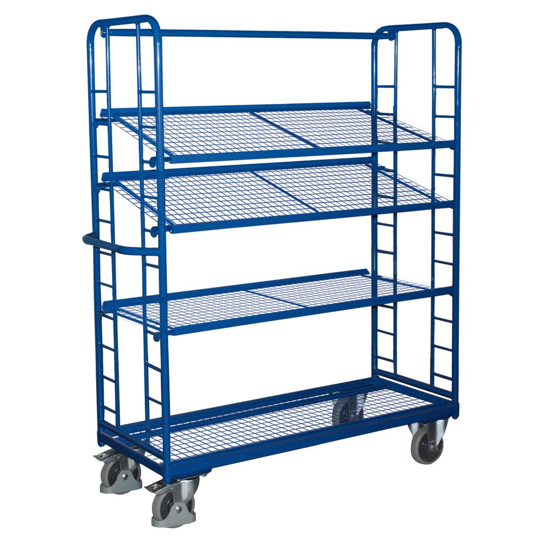 Etagenwagen mit 4 Gitterböden, neigbar - Traglast 250 kg - 1.815 x 1.510 x 550 mm (HxBxT) - enzianblau