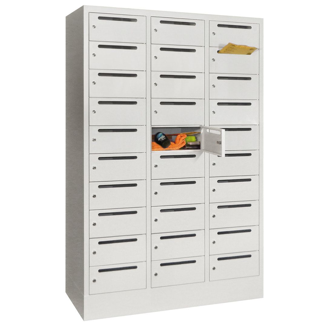 Postverteilerschrank, Schließfachschrank, 3 Abteile a 300 mm, 30 Fächer, 1.850 x 900 x 500 mm (HxBxT), Korpus anthrazitgrau, Front anthrazitgrau