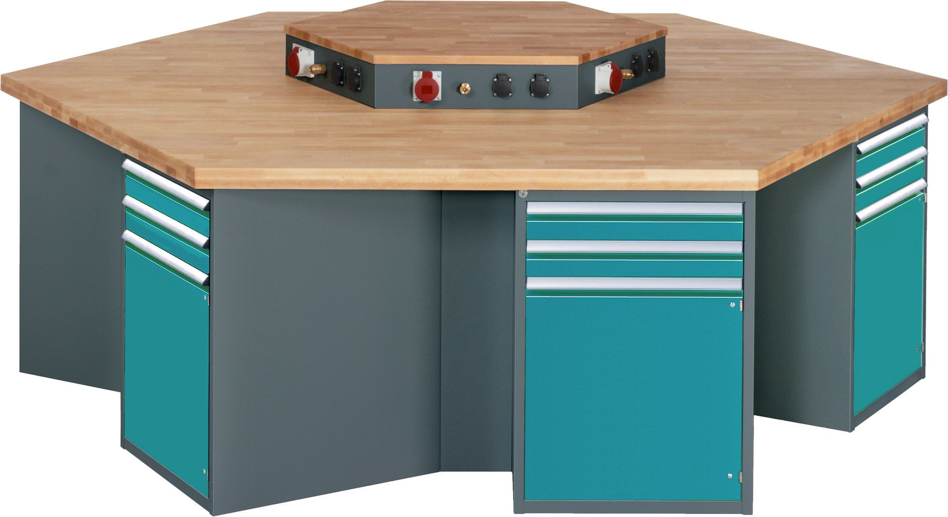 Gruppenwerkbank, Buche, Höhe 840 mm, mit Energieaufsatz, Unterbau-Container, 2 Schubladen, 1 Tür, 1 Boden - Anthrazitgrau