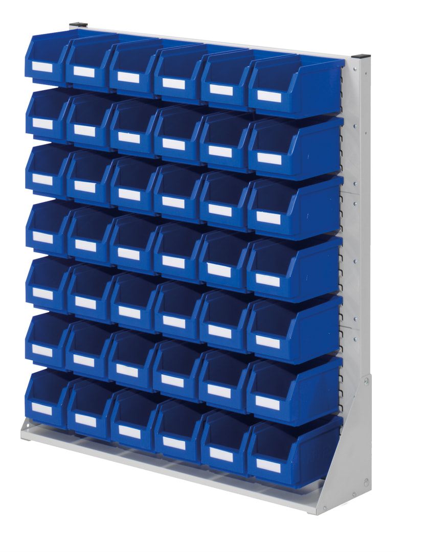 Stationäre Regalwand - Schlitzwand für Sichtlagerkästen - einseitig - mit 42 Kästen bestückt - 1.100 x 1.000 x 240 mm (HxBxT)