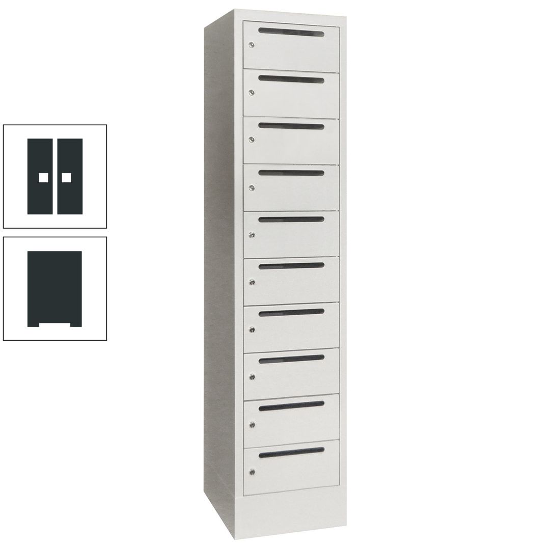 Postverteilerschrank, Schließfachschrank, 1 Abteil a 400 mm, 10 Fächer, 1.850 x 400 x 500 mm (HxBxT), Korpus anthrazitgrau, Front anthrazitgrau