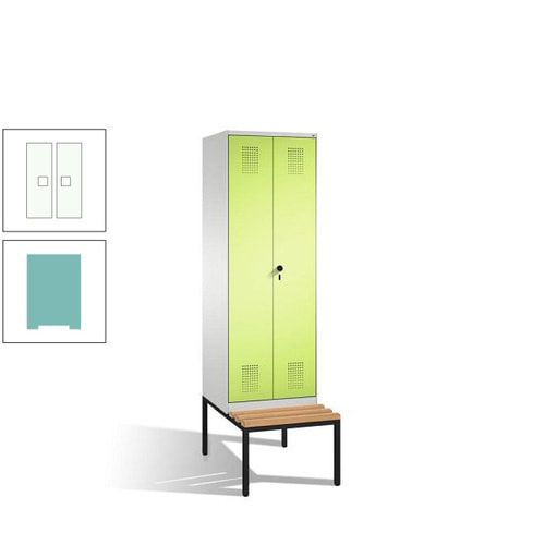 Doppel-Spind, Garderobenschrank, Buche Sitzbank untergebaut, 2 Abteile a 300 mm, Korpus anthrazitgrau, Tür anthrazitgrau, 2.090 x 600 x 815 mm (HxBxT)