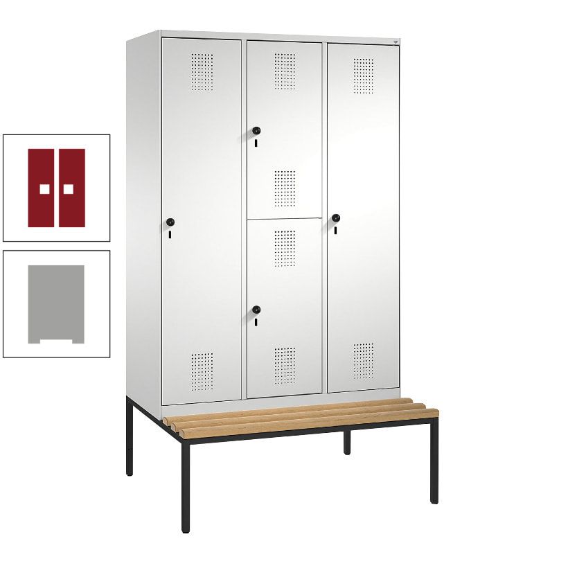 Garderobenschrank, Spind ein- und doppelstöckig Sitzbank, 3 Abteile, 4 Fächer, 2.090x1.200x500 mm (HxBxT), Front anthrazitgrau, Korpus anthrazitgrau