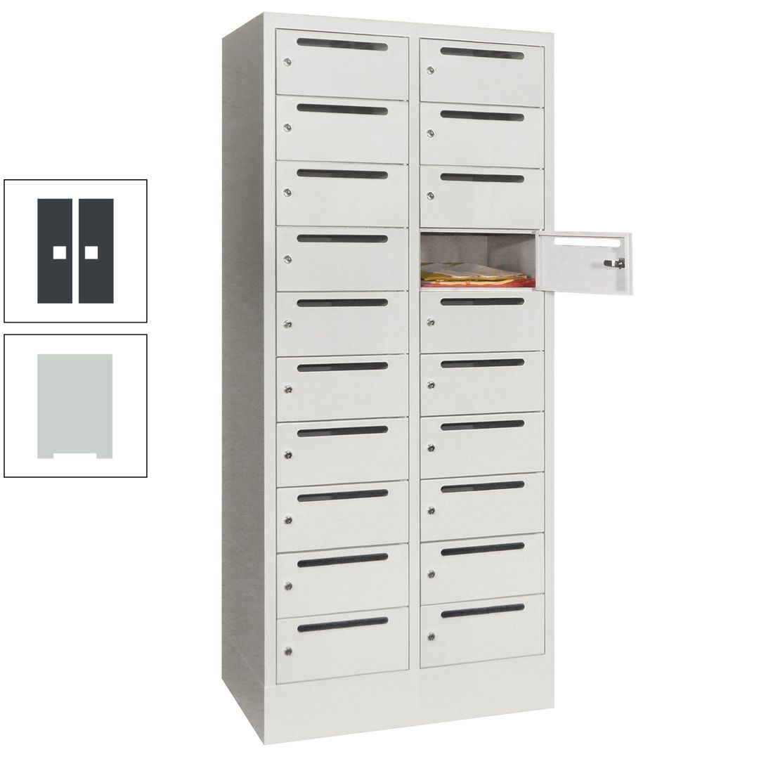 Postverteilerschrank, Schließfachschrank, 2 Abteile a 400 mm, 20 Fächer, 1.850 x 800 x 500 mm (HxBxT), Korpus anthrazitgrau, Front anthrazitgrau