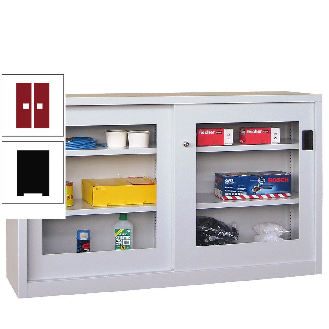 Schiebetürenschrank - Sichtfenstertüren - 1.000x1.500x600 mm (HxBxT) - 4 Böden, verzinkt - Zylinderschloss - anthrazitgrau