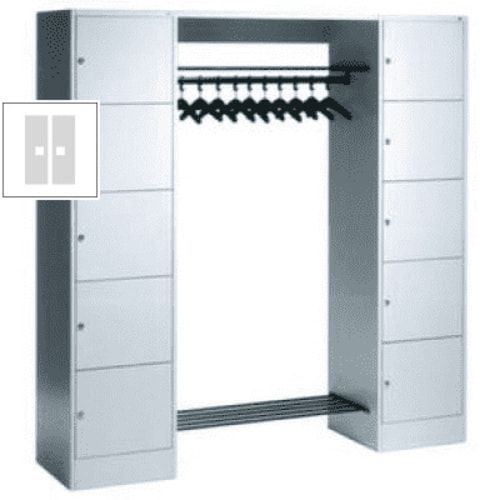 Garderobenanlage, Offene Garderobe mit Spindschrank, 10 Fächer, links/rechts, Korpus lichtgrau, Türfarbe enzianblau, 1.950 x 1.870 x 480 mm (HxBxT)