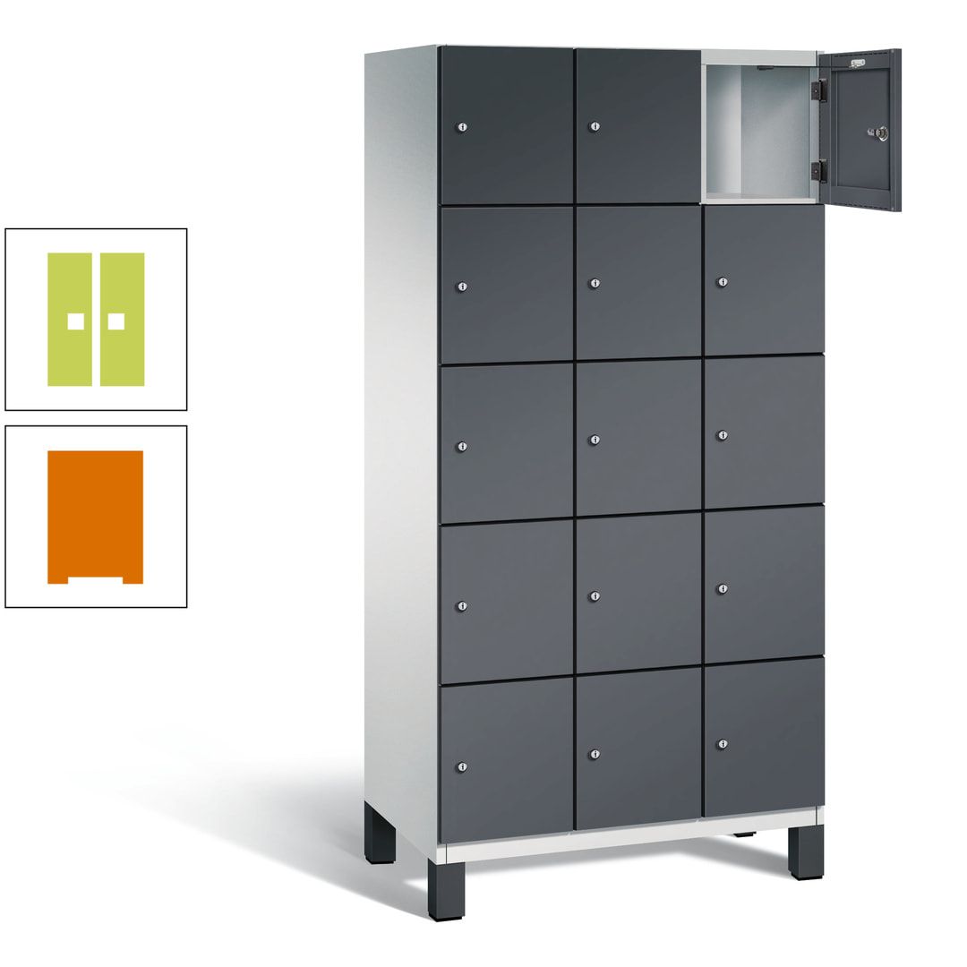 Fächerschrank, Stahlschrank, 15 Fächer, Türöffnungsbegrenzer, Füße, 1.980 x 900 x 525 mm (HxBxT), Korpus anthrazitgrau, Front anthrazitgrau