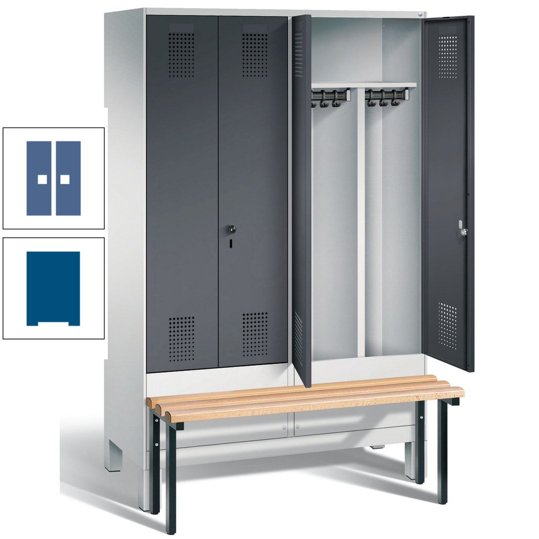 Doppel-Spind, Garderobenschrank, Buche Sitzbank vorgebaut, 4 Abteile a 300 mm, Korpus feuerrot, Tür Wasserblau, 1.850 x 1.200 x 815 mm (HxBxT)