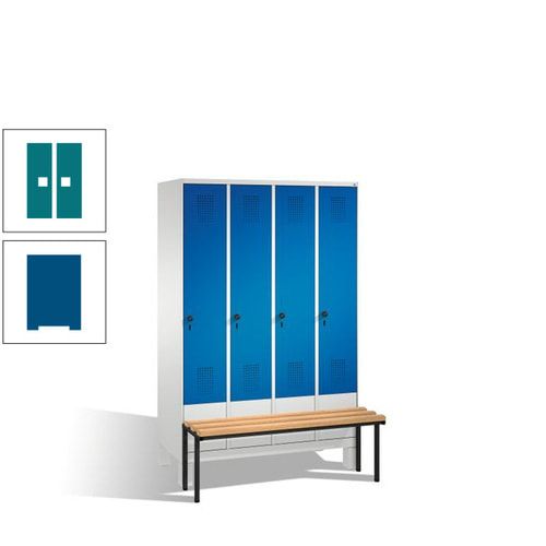 Stahl-Garderobenschrank, Spind, Buche Sitzbank vorgebaut, 4 Abteile a 300 mm, Korpus Lichtgrün, Tür Schwefelgelb, 1.850 x 1.200 x 815 mm (HxBxT)