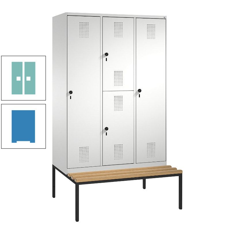 Garderobenschrank, Spind ein- und doppelstöckig Sitzbank, 3 Abteile, 4 Fächer, 2.090x1.200x500 mm (HxBxT), Front anthrazitgrau, Korpus anthrazitgrau