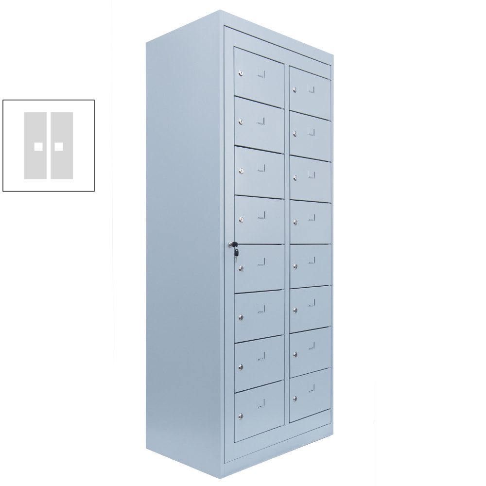 Verteilerschrank, Ausgabeschrank, Fächerschrank, Zentraltür, 2 Abteile, 16 Fächer, 1.800 x 740 x 500 mm (HxBxT), Korpus lichtgrau, Front enzianblau