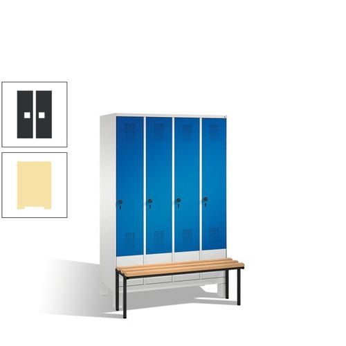 Stahl-Garderobenschrank, Spind, Buche Sitzbank vorgebaut, 4 Abteile a 300 mm, Korpus Lichtgrün, Tür Schwefelgelb, 1.850 x 1.200 x 815 mm (HxBxT)