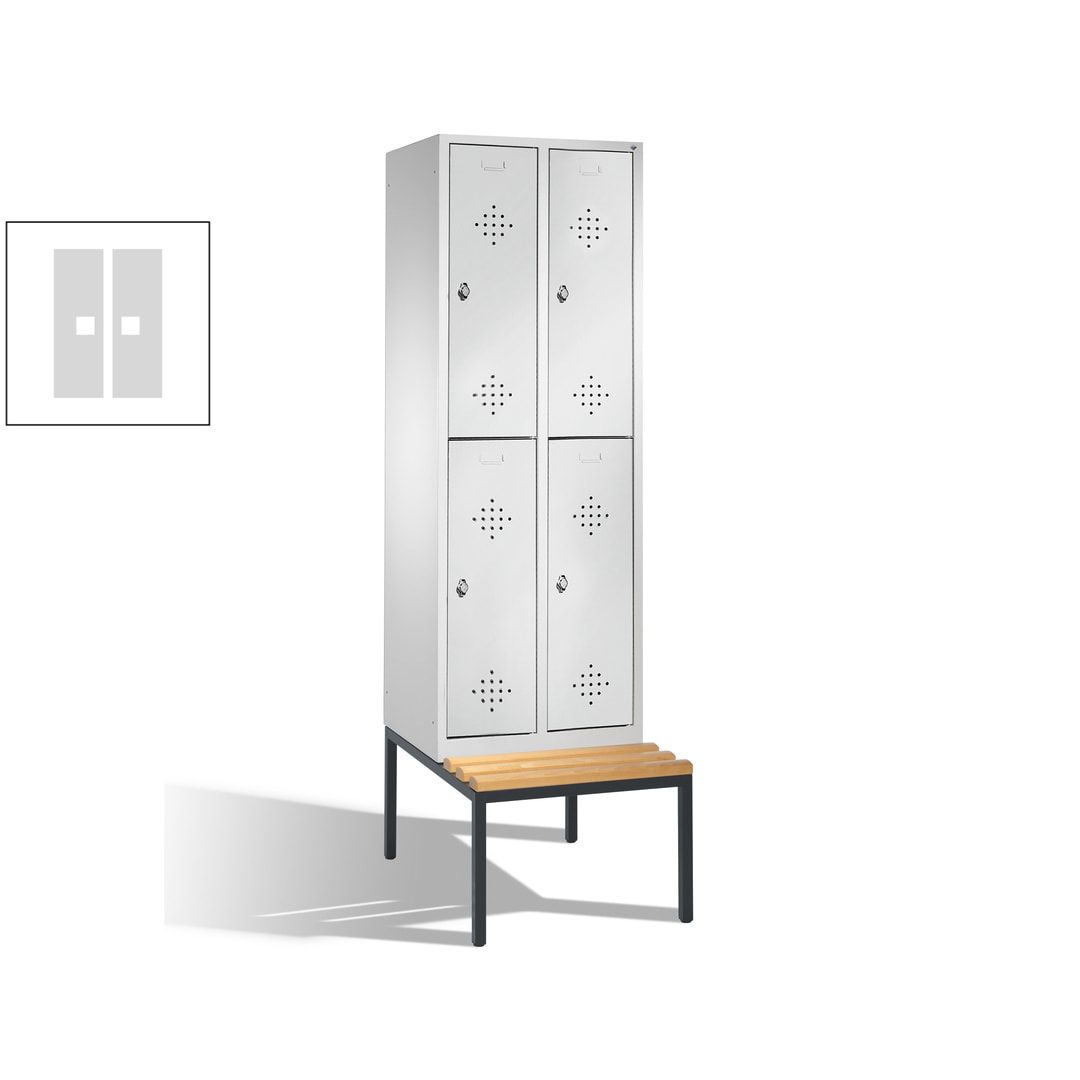 Garderobenschrank, Spind, 2 Abteile, 4 Fächer, 2.090 x 610 x 815 mm (HxBxT), Hartholz Sitzbank untergebaut, Korpus weißaluminium, Türen anthrazitgrau