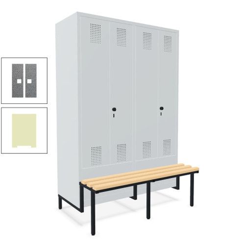 Doppel-Spind, Garderobenschrank, Buche Sitzbank integriert, 4 Abteile 300 mm, Korpus anthrazitgrau, Tür anthrazitgrau, 1.850 x 1.200 x 815 mm (HxBxT)