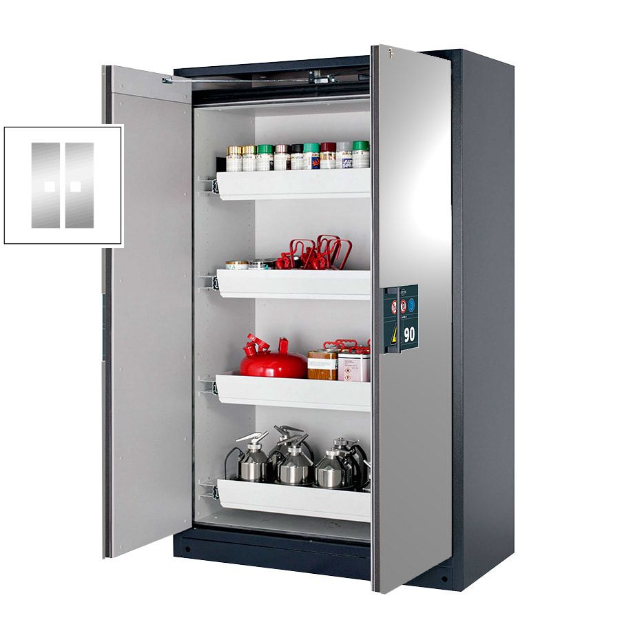 Gefahrstoffschrank - 1.953x1.193x615 mm - 2 Auszugswannen - Edelstahl - Front enzianblau
