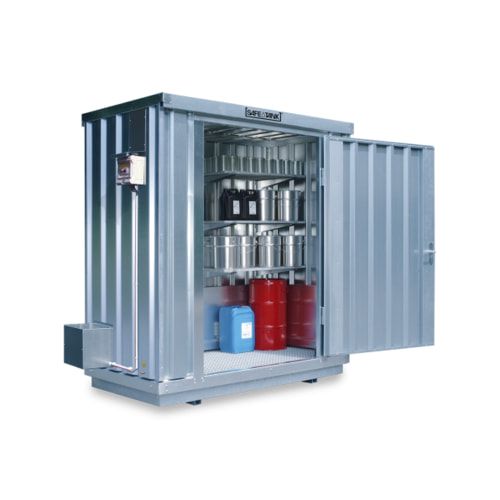 Gefahrstoffcontainer - Gefahrstoffdepot - 2.300 x 2.100 x 1.140 mm (HxBxT) - Auffangvolumen 275 l - Doppelflügeltür - mit Dauerlüfter