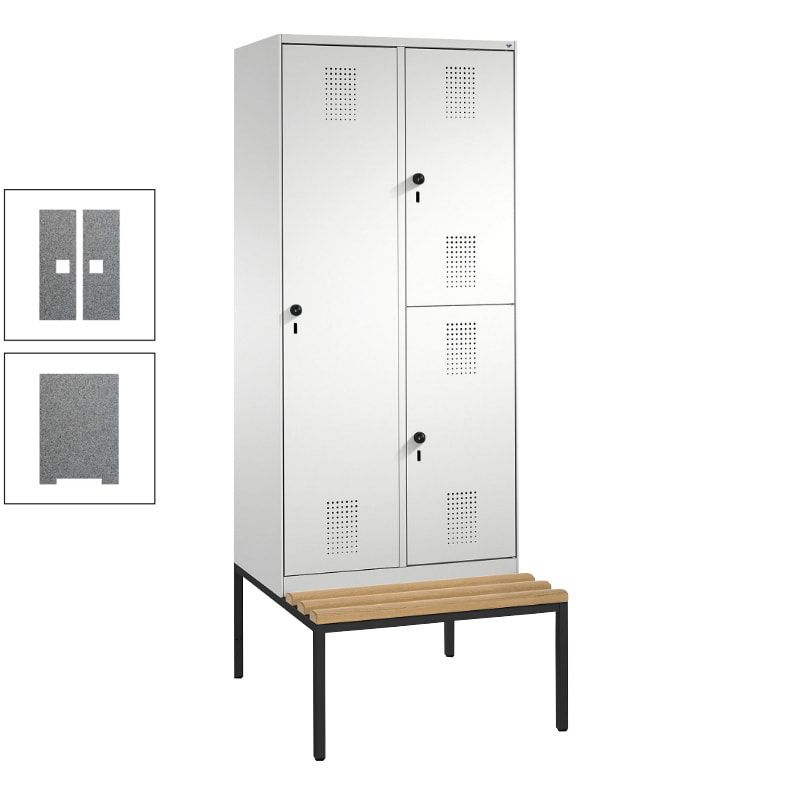 Garderobenschrank, Spind ein- und doppelstöckig Sitzbank, 2 Abteile, 3 Fächer, 2.090 x 800 x 500 mm (HxBxT), Front anthrazitgrau, Korpus anthrazitgrau