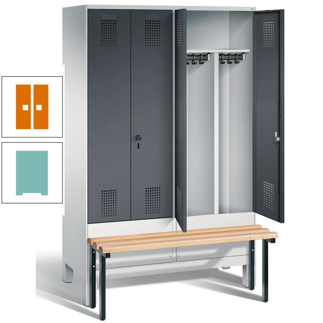 Doppel-Spind, Garderobenschrank, Buche Sitzbank vorgebaut, 4 Abteile a 300 mm, Korpus feuerrot, Tür Wasserblau, 1.850 x 1.200 x 815 mm (HxBxT)
