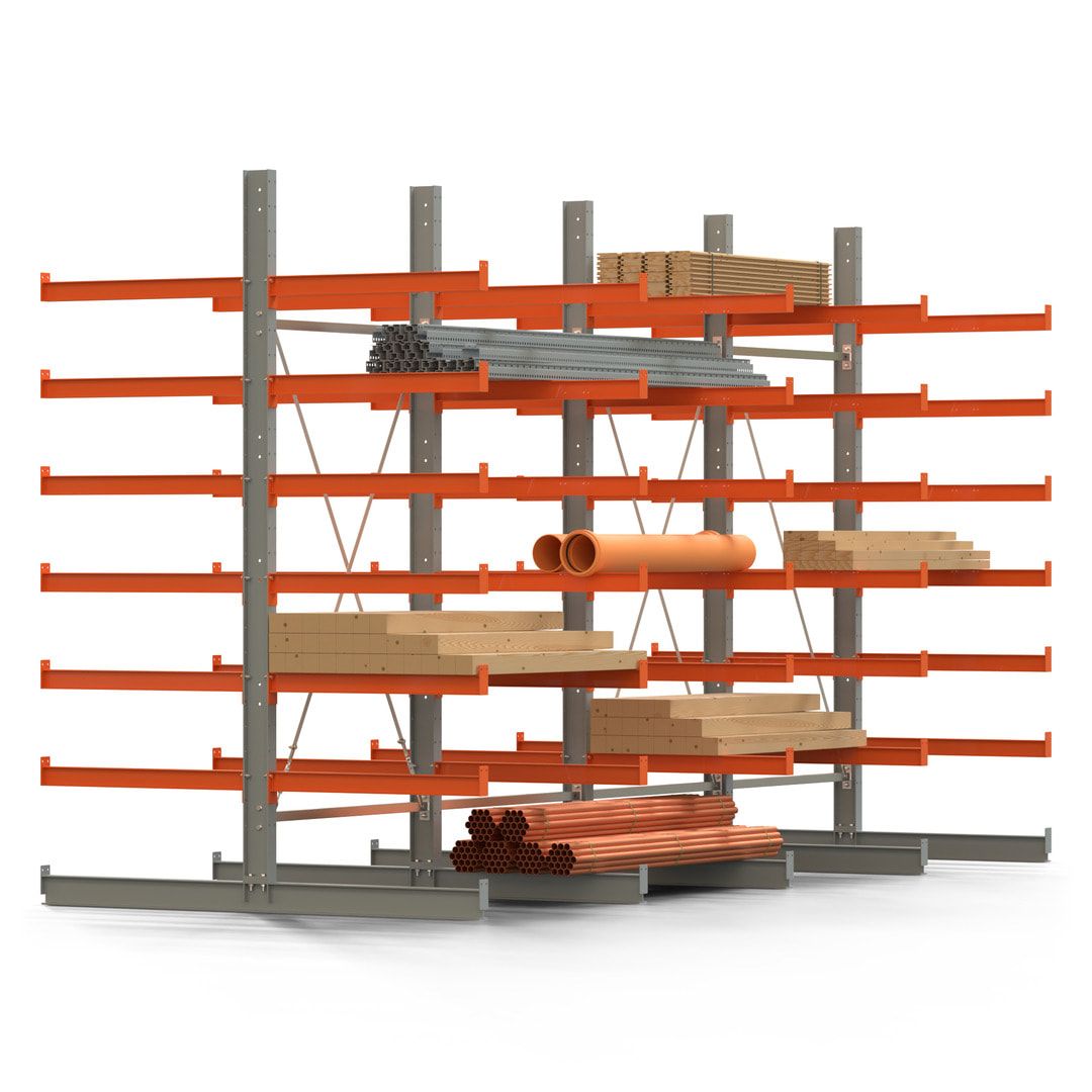 Doppelseitiges Kragarmregal, 2 Felder, 3.000 x 2.560 x 1.120 mm (HxBxT), Nutztiefe 500 mm, Kragarmlast 870 kg, KARL basic, silbergrau/reinorange