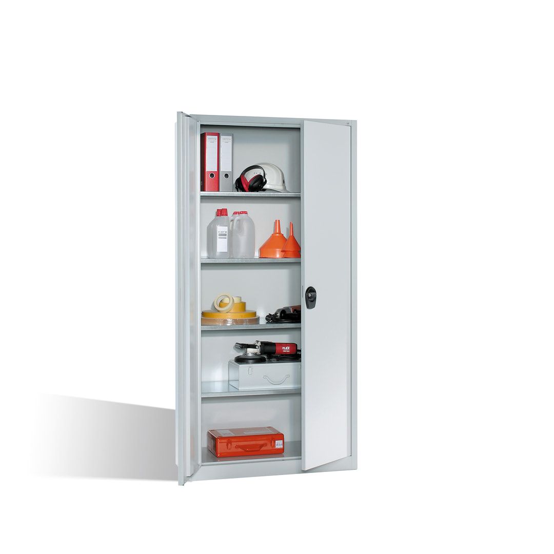 C+P Stahl Werkzeugschrank, Materialschrank, abschließbar, 4 Fachböden, Korpusfarbe lichtgrau, Türfarbe lichtblau, 1.950 x 935 x 400 mm (HxBxT)