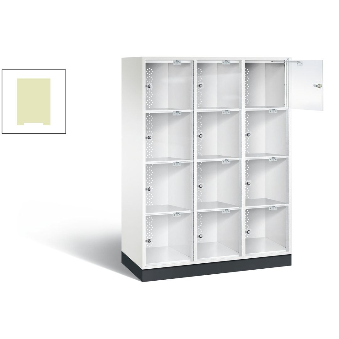 Schließfachschrank, Fächerschrank mit Türen aus Acrylglas, 3 Abteile, 12 Fächer, Zylinderschloss, 1.750 x 1.220 x 500 mm (HxBxT), Korpus anthrazitgrau