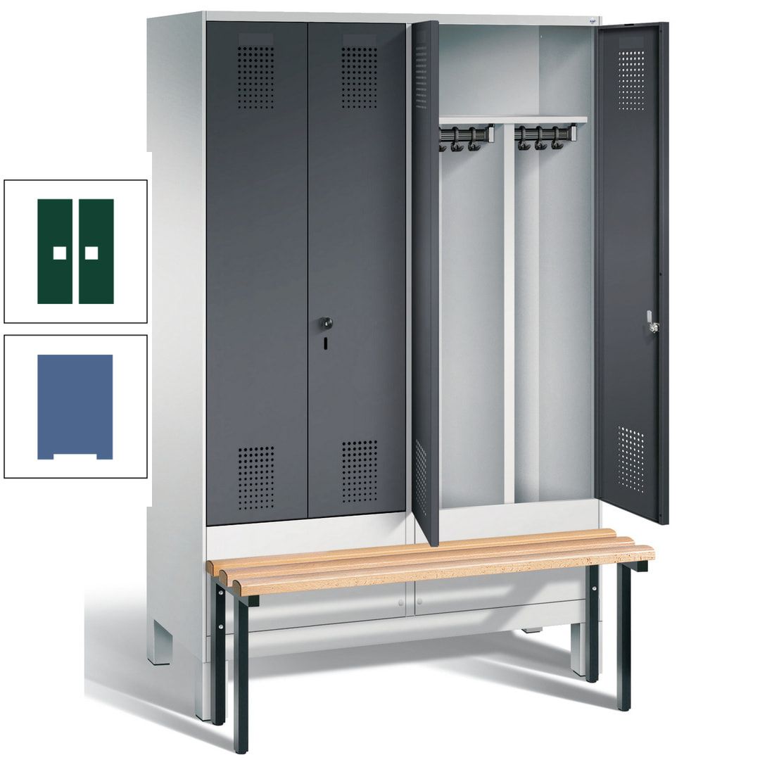 Doppel-Spind, Garderobenschrank, Buche Sitzbank vorgebaut, 4 Abteile a 300 mm, Korpus feuerrot, Tür Wasserblau, 1.850 x 1.200 x 815 mm (HxBxT)