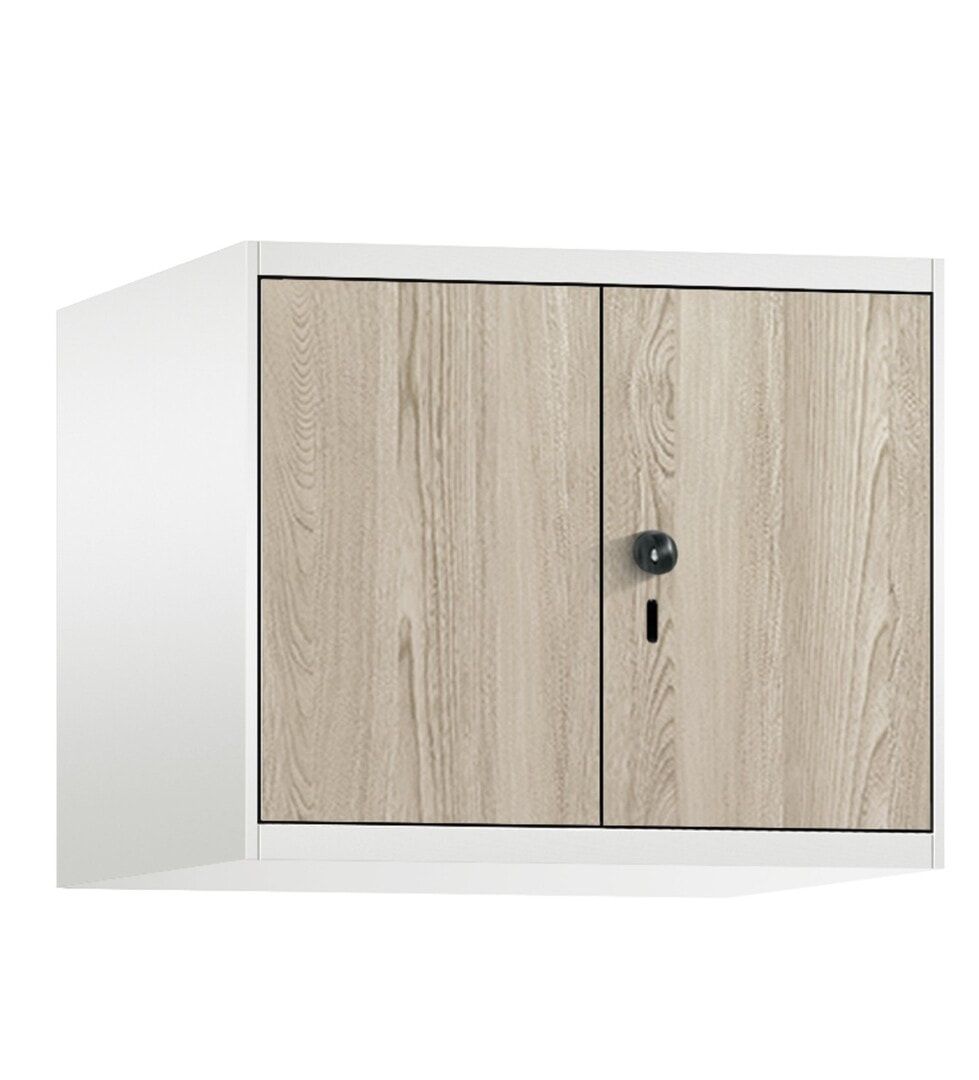Aufsatzschrank, Schrankaufsatz, Türen paarweise, 2 Fächer a 300 mm, Farbe anthrazitgrau, Dekorfront HPL Donau-Ahorn, 500 x 600 x 500 mm (HxBxT)