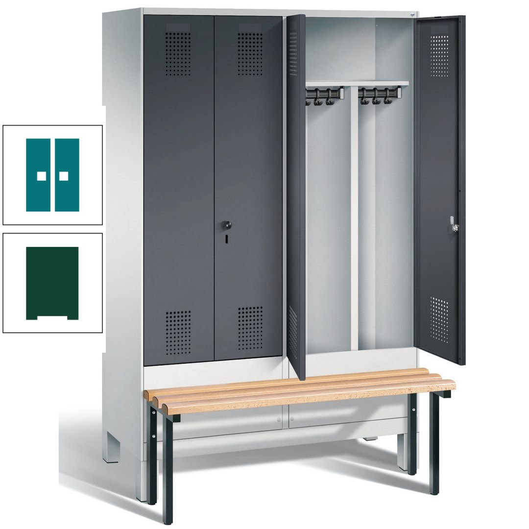 Doppel-Spind, Garderobenschrank, Buche Sitzbank vorgebaut, 4 Abteile a 300 mm, Korpus feuerrot, Tür Wasserblau, 1.850 x 1.200 x 815 mm (HxBxT)