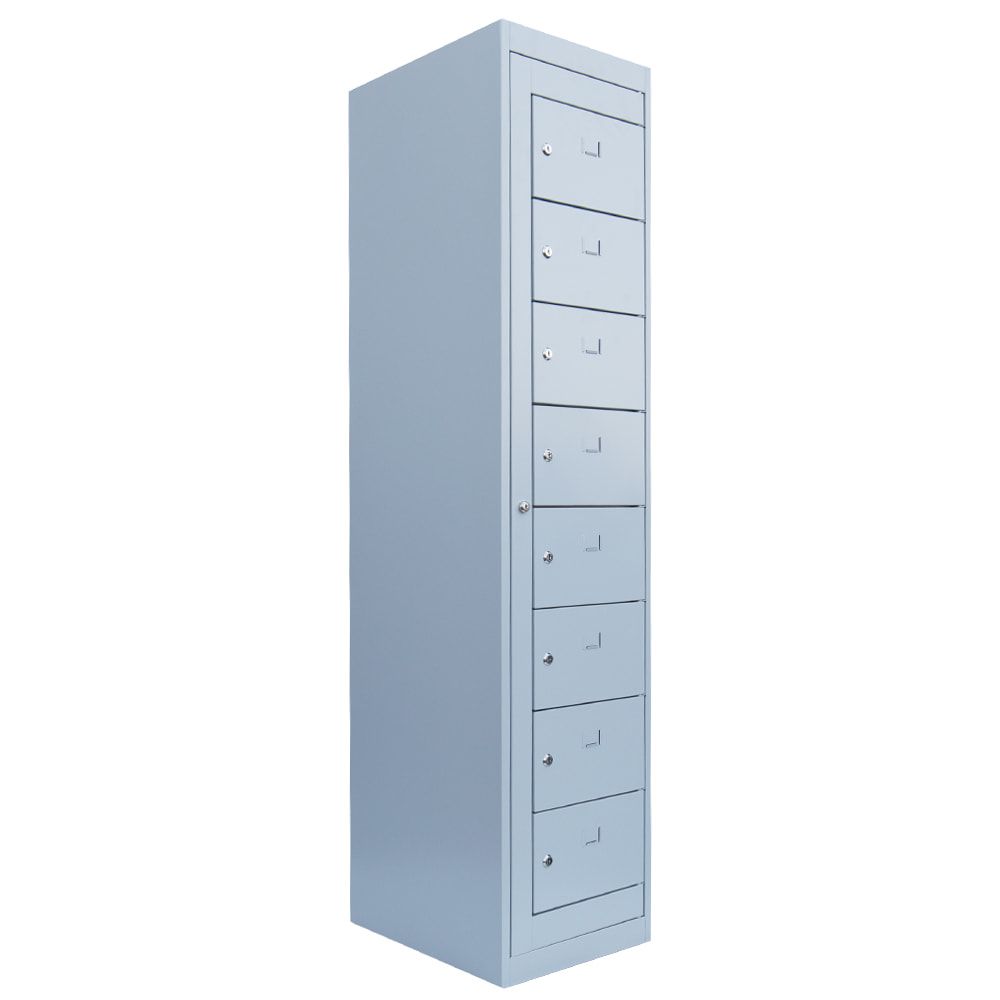 Verteilerschrank, Ausgabeschrank, Fächerschrank, Zentraltür, 1 Abteil, 8 Fächer, 1.800 x 400 x 500 mm (HxBxT), Korpus lichtgrau, Front enzianblau