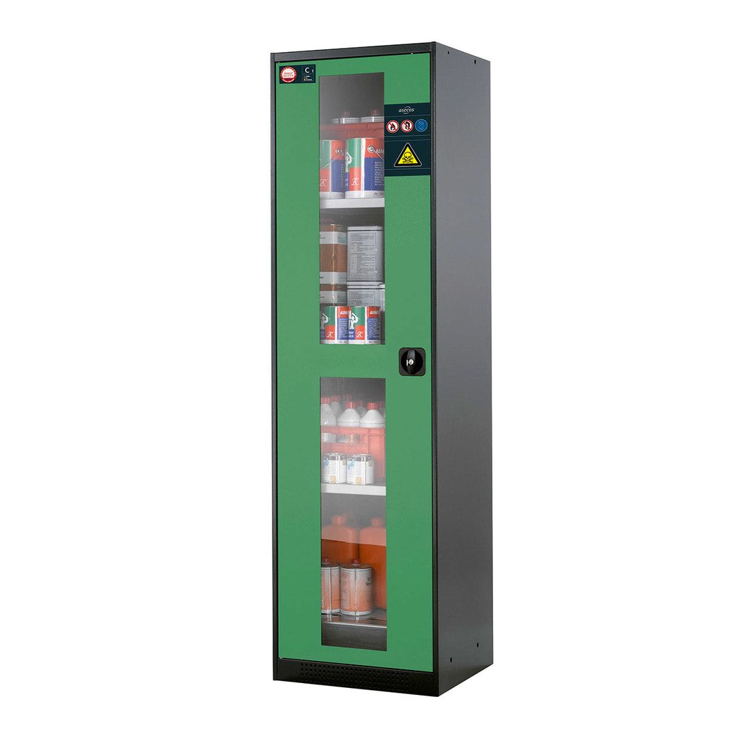 Chemikalienschrank - Flügeltür - Türanschlag links - 4 Tablarauszüge - 1.950 x 545 x 520 mm (HxBxT) - anthrazitgrau/enzianblau