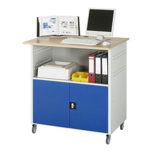 PC-Tisch, Buche-Dekor, mobil, 3-er Steckdose, Türen, Mitteltrennwand, Rollen, Doppellochraster, Schloss - Anthrazitgrau