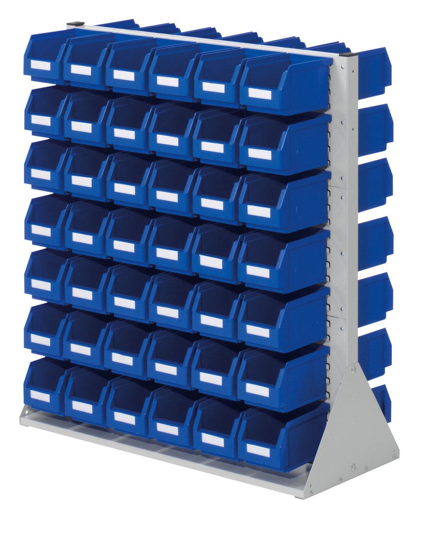 Stationäre Regalwand - Schlitzwand für Sichtlagerkästen - beidseitig - mit 140 Kästen bestückt - 1.100 x 1.000 x 430 mm (HxBxT)