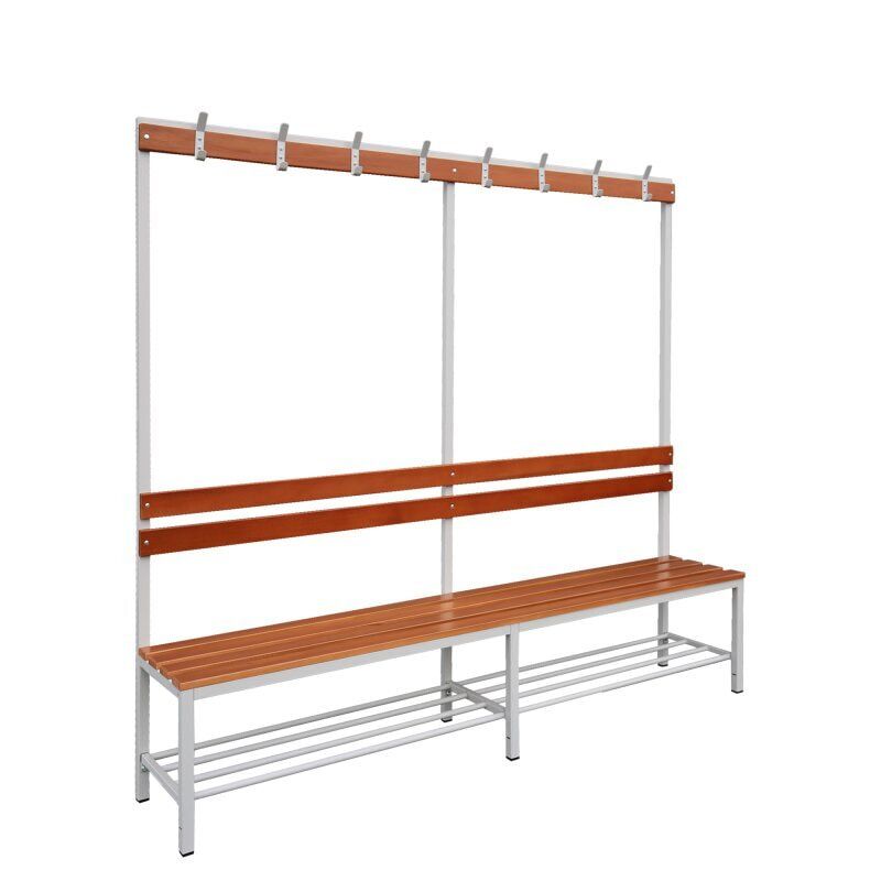 Umkleidebank, Umkleide-Sitzbank, Schuhrost, Haken, Breite 1.200 mm, Sitzhöhe 400 mm, Stahl mit Holzleisten, Gestell: lichtgrau, Sitzleisten: Buche