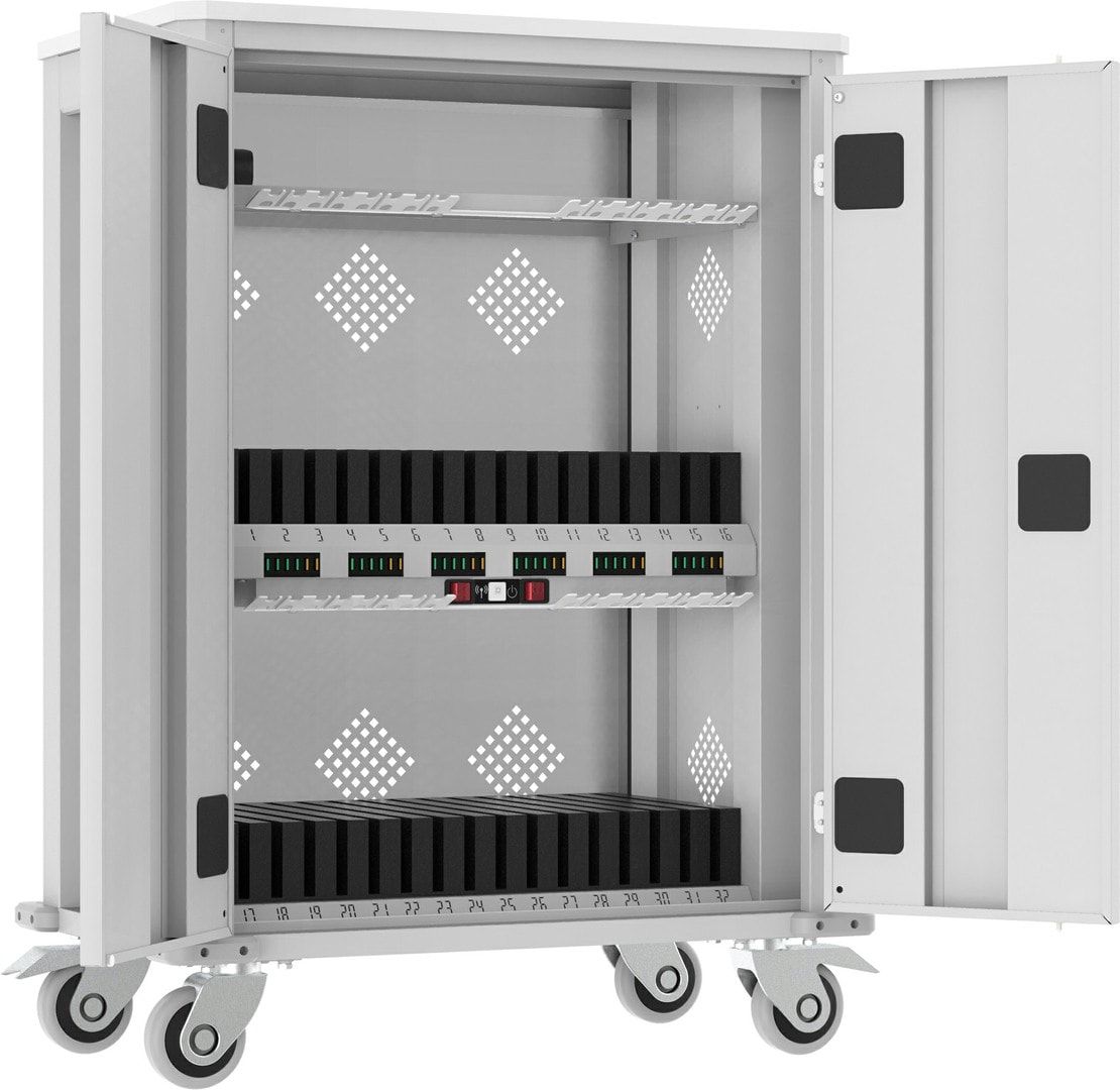 Laptopwagen, Trolley, Ladefunktion, 230V, Schukostecker, 32 Tablets, 1.050 x 730 x 440 mm (HxBxT), Korpusfarbe anthrazitgrau, Frontfarbe anthrazitgrau