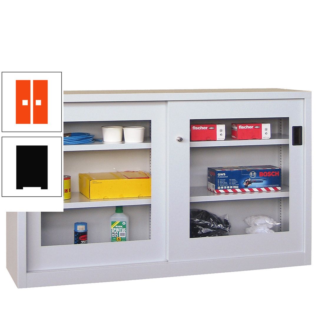 Schiebetürenschrank - Sichtfenstertüren - 1.000x1.500x600 mm (HxBxT) - 4 Böden, verzinkt - Zylinderschloss - anthrazitgrau