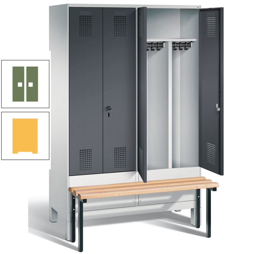 Doppel-Spind, Garderobenschrank, Buche Sitzbank vorgebaut, 4 Abteile a 300 mm, Korpus feuerrot, Tür Wasserblau, 1.850 x 1.200 x 815 mm (HxBxT)