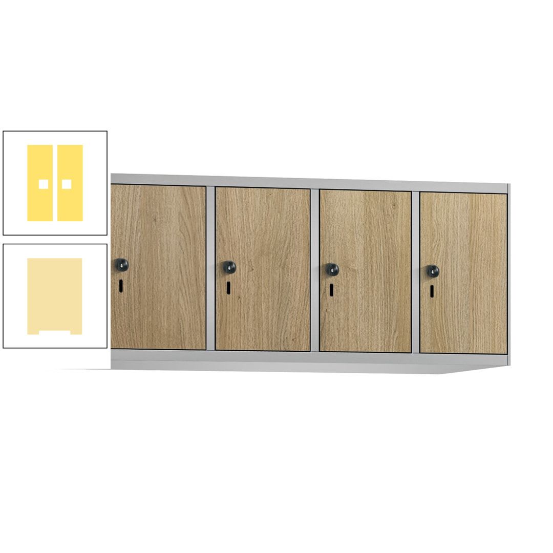 Aufsatzschrank, Schrankaufsatz, 4 Fächer a 300 mm, Farbe Pastellgelb, Tür anthrazitgrau, 500 x 1.200 x 500 mm (HxBxT)