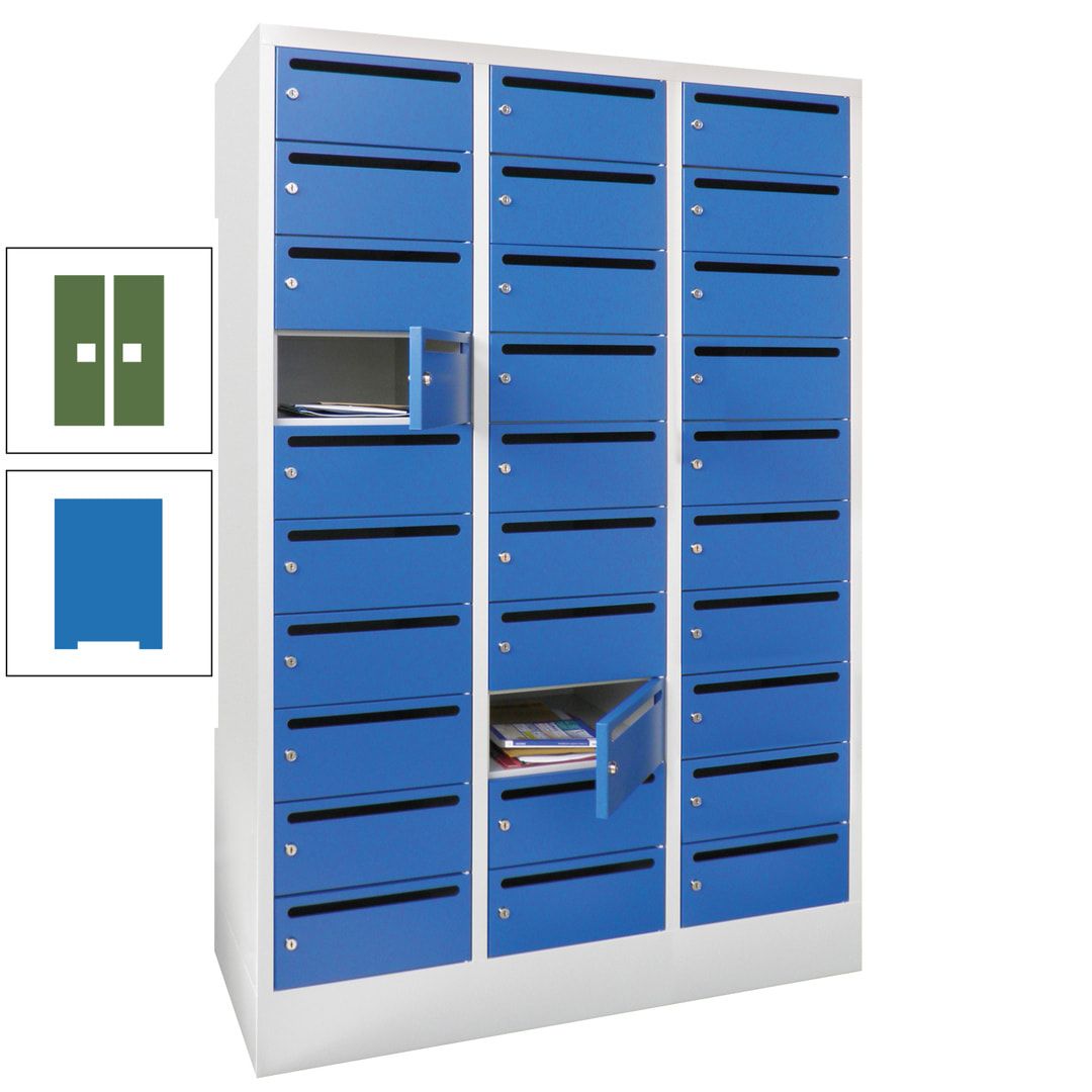 Postverteilerschrank, Schließfachschrank, 3 Abteile a 300 mm, 30 Fächer, 1.850 x 900 x 500 mm (HxBxT), Korpus anthrazitgrau, Front anthrazitgrau